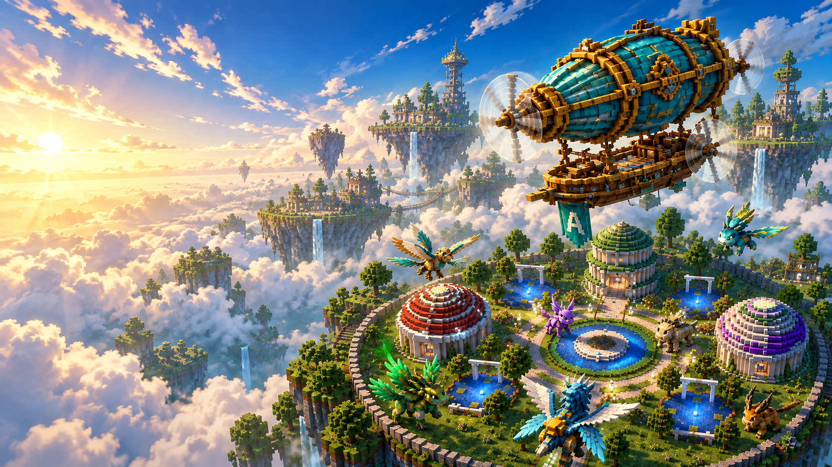 Aeromon airship over a Pixelmon sky city